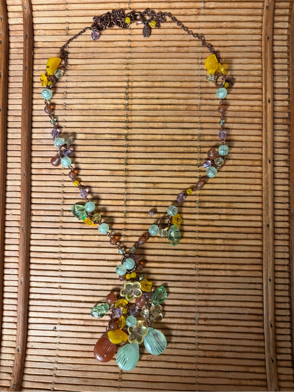 Joni Rivers Multicolor Floral Bead 28” Necklace  3” ext. Yellow, Green and Brown